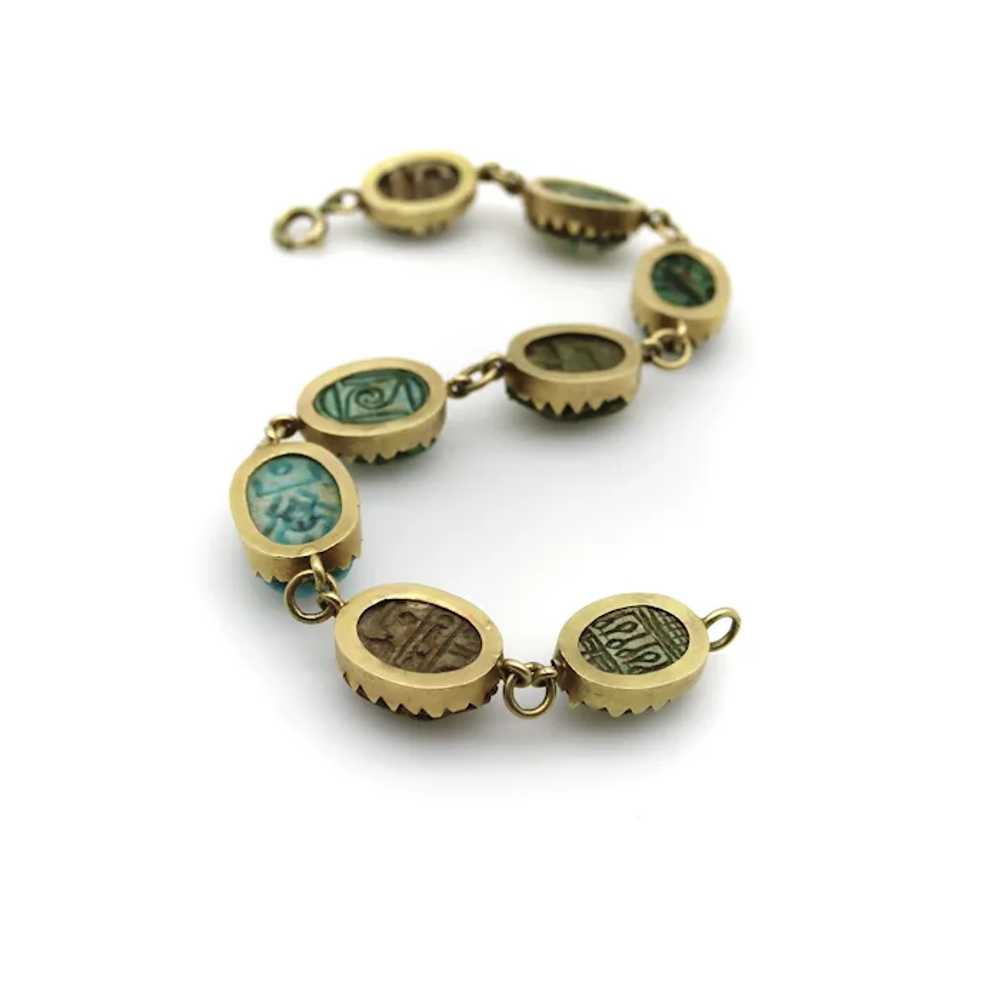 18K Gold Egyptian Revival Faience Scarab Bracelet - image 5
