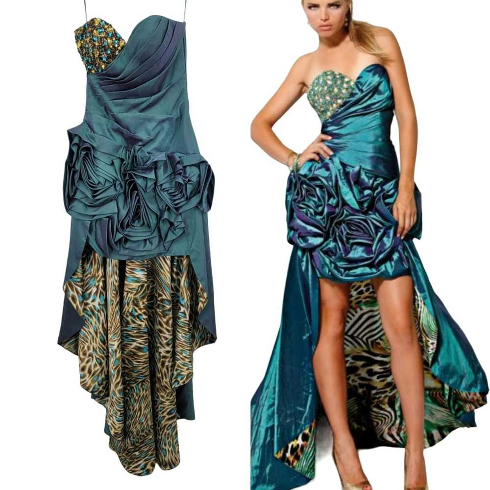 Vintage Y2K High Low Strapless Prom Dress 6 Teal … - image 2