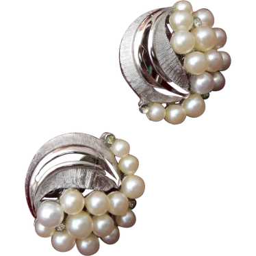 Crown Trifari Silver Tone and Faux Pearl Earrings - image 1