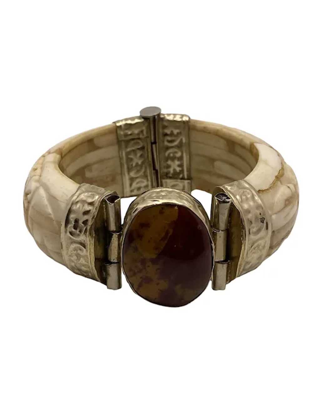 Vintage Tibetan Carved Bone and Jasper Hinged Bra… - image 5