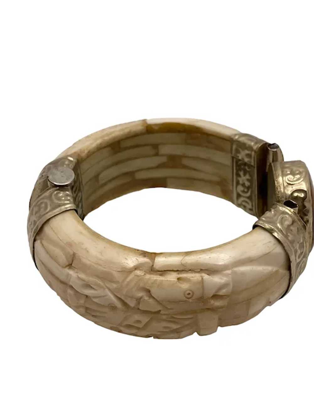 Vintage Tibetan Carved Bone and Jasper Hinged Bra… - image 7