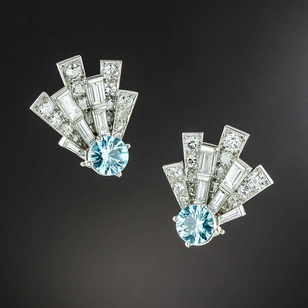 Mid-Century Blue Zircon and Diamond Earrings By R… - image 1