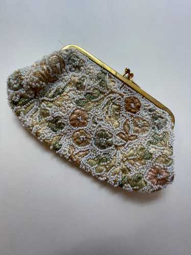1950s White Beaded Large Coin Purse with Gold Thre