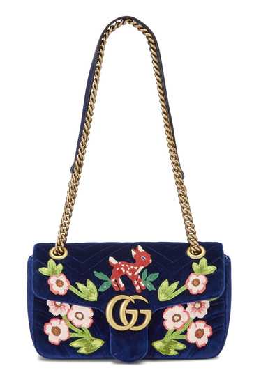 Blue Embroidered Velvet GG Marmont Shoulder Bag Sm