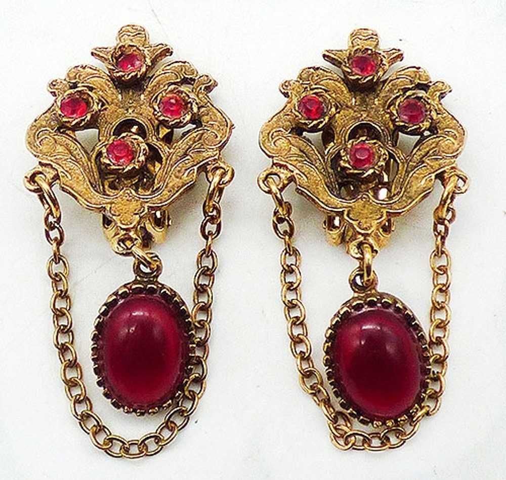 Dangling Red Cabochon Gold Tone Earrings - image 1