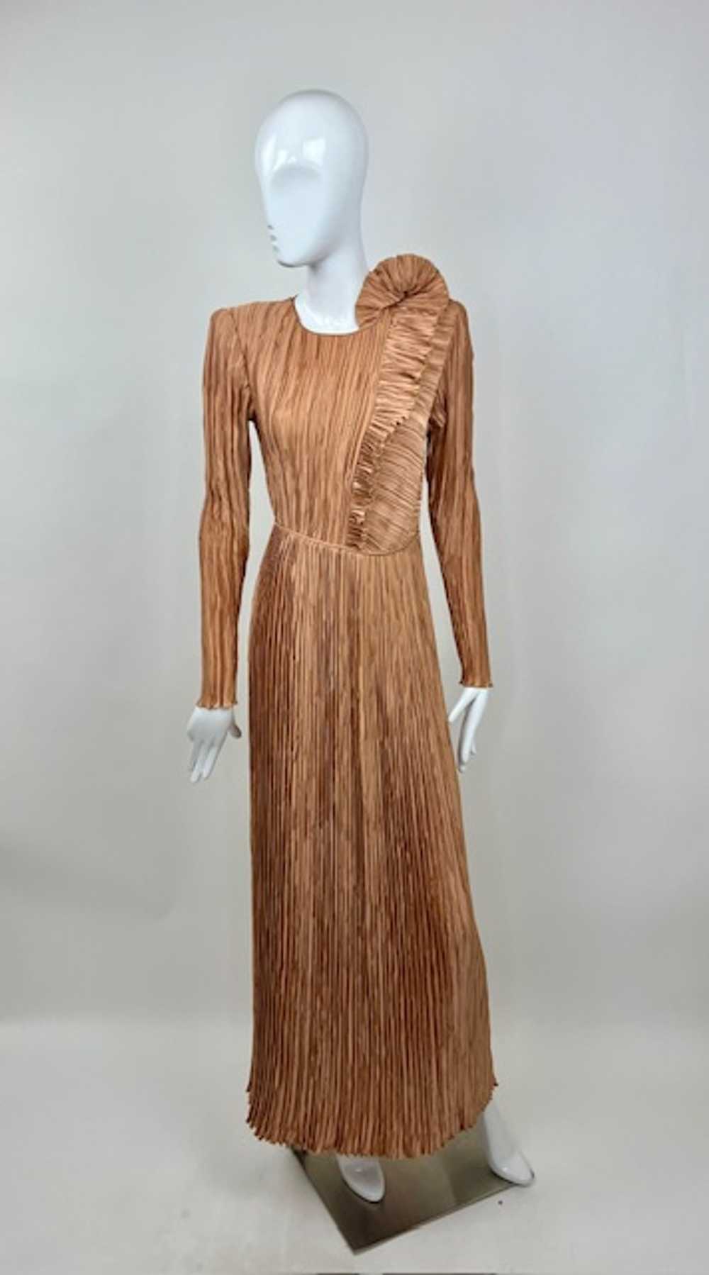 Mary McFadden Late 70s Pleated Ruffle Bronze Dress - image 1