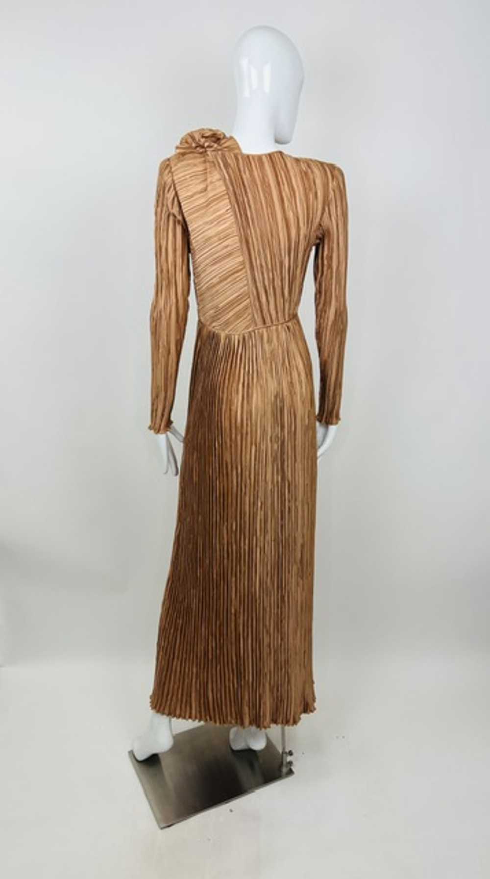 Mary McFadden Late 70s Pleated Ruffle Bronze Dress - image 2