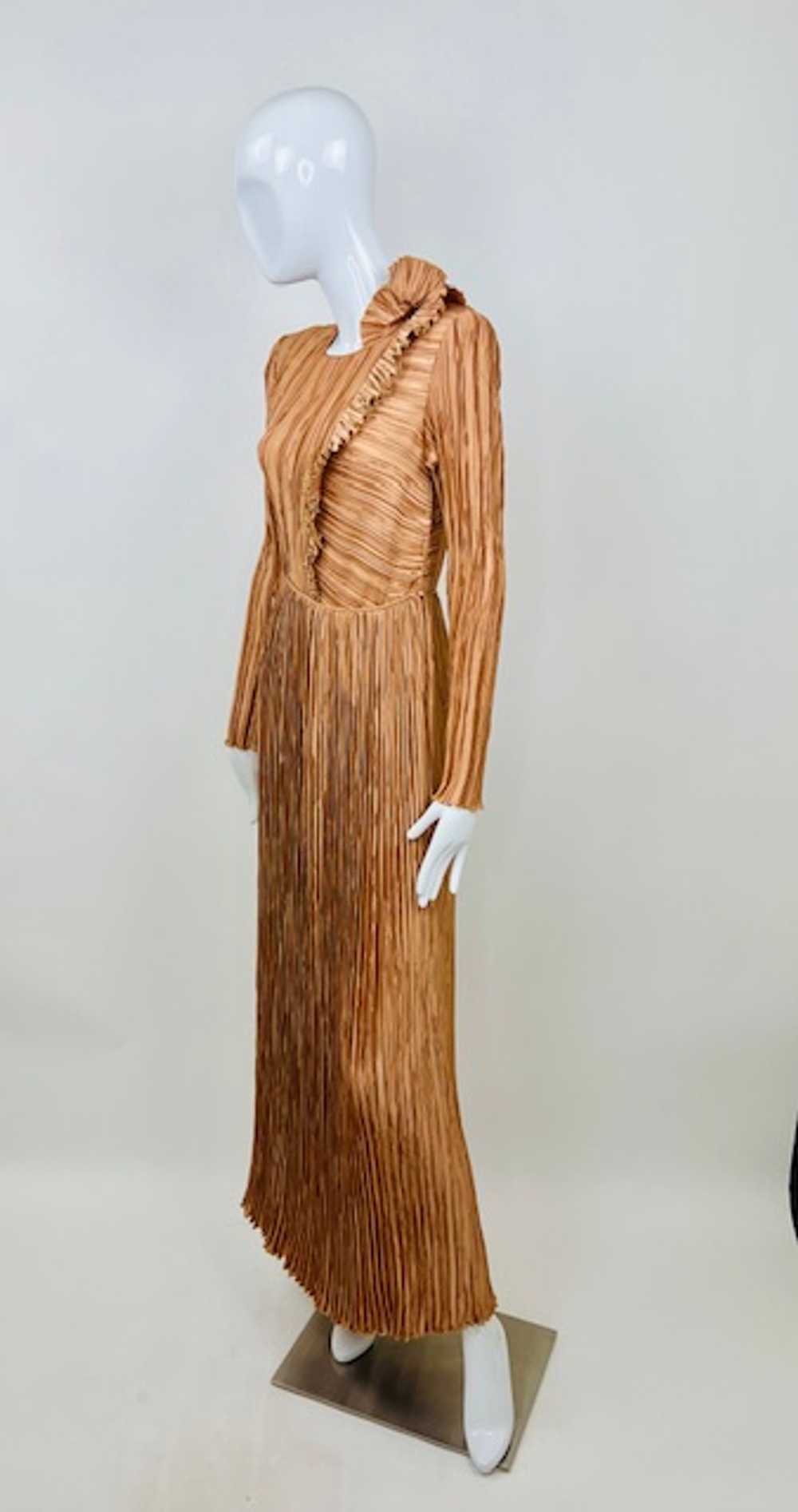 Mary McFadden Late 70s Pleated Ruffle Bronze Dress - image 4