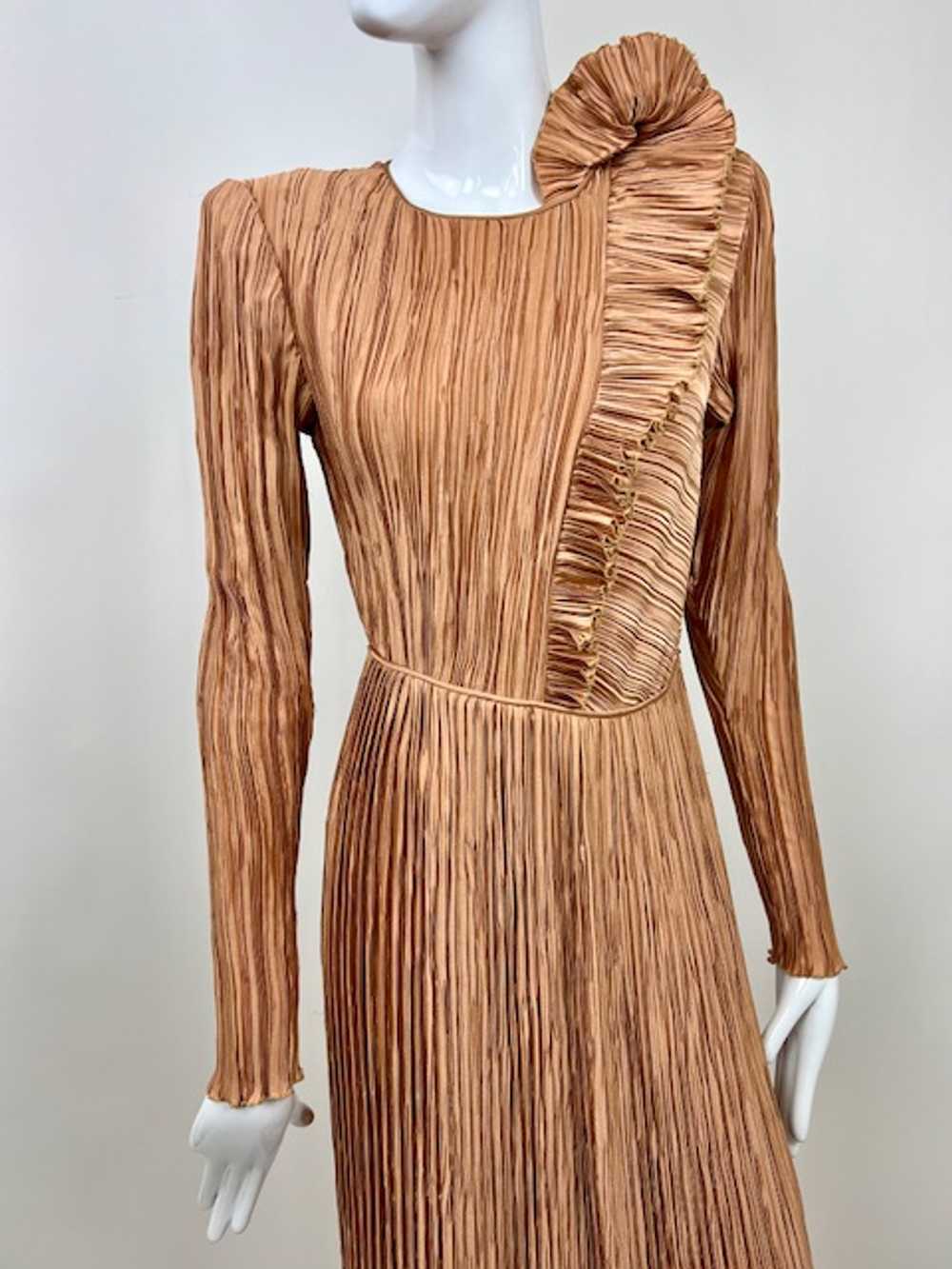 Mary McFadden Late 70s Pleated Ruffle Bronze Dress - image 7