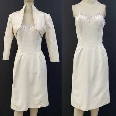 50s Beaded Strapless Dress With Bolero Jacket - image 1