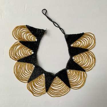 Vintage 1960s ? Black & Gold Beaded Collar Neckla… - image 1