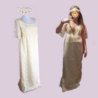 Vintage Lace Wedding Gown Maxi Dress 60s 70s Flor… - image 1