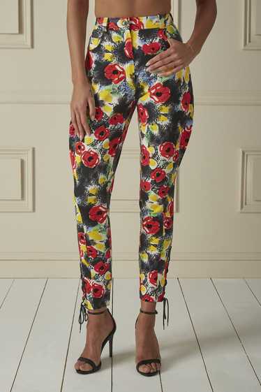 Multicolor Floral Printed Denim High-Waisted Pants