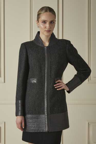 Grey Herringbone Wool Leather Trim Coat