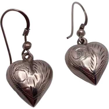 Sterling Silver Hand Chased Puffy Heart Dangle Ear