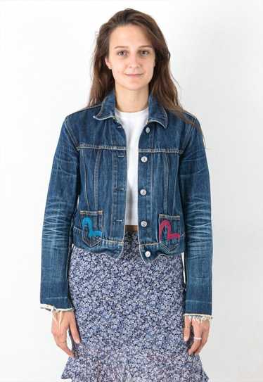 Evisu Women M Denim Jean Jacket Cropped Embroidere