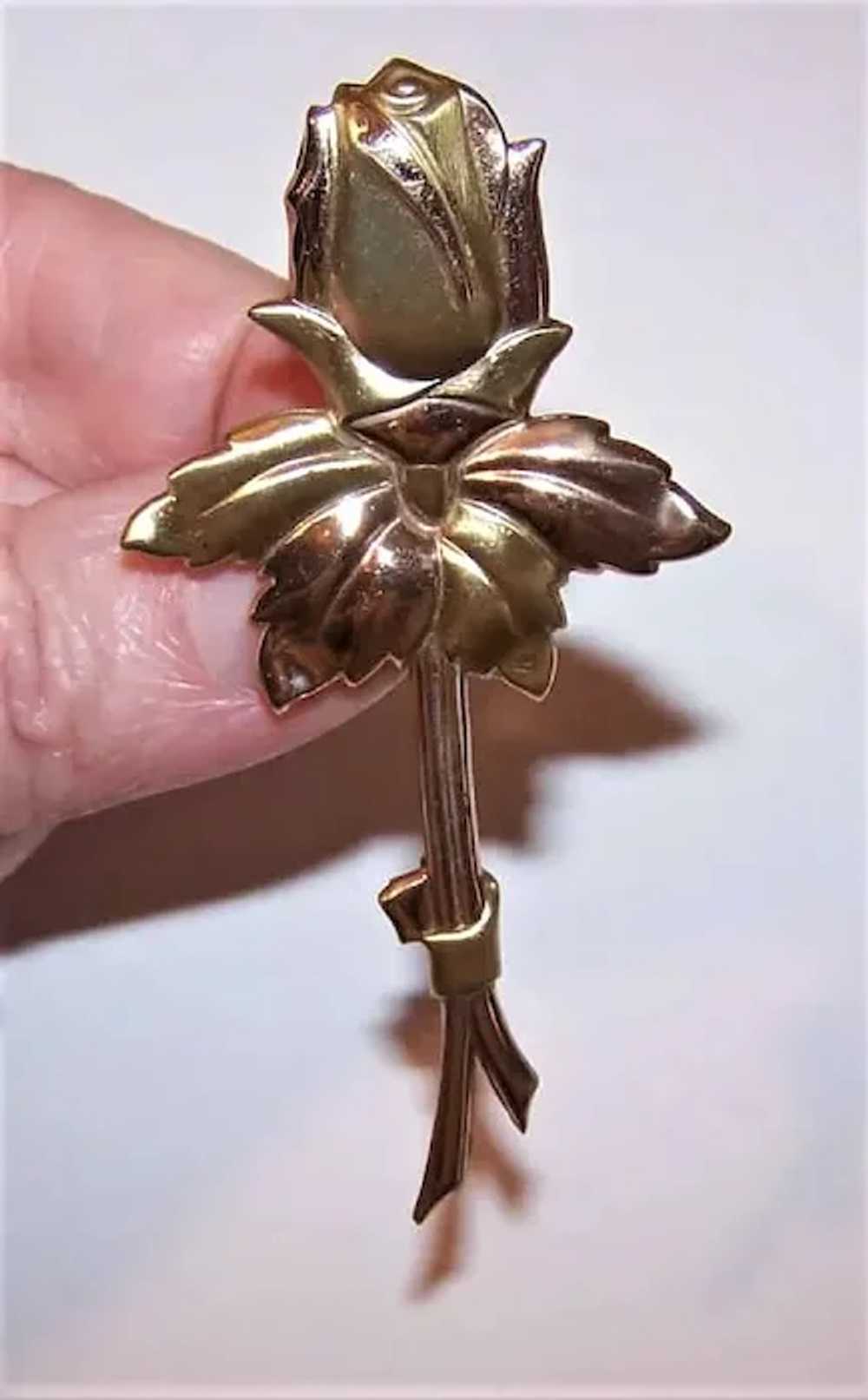 Sterling Silver Vermeil Long Stemmed Rose Pin Bro… - image 3