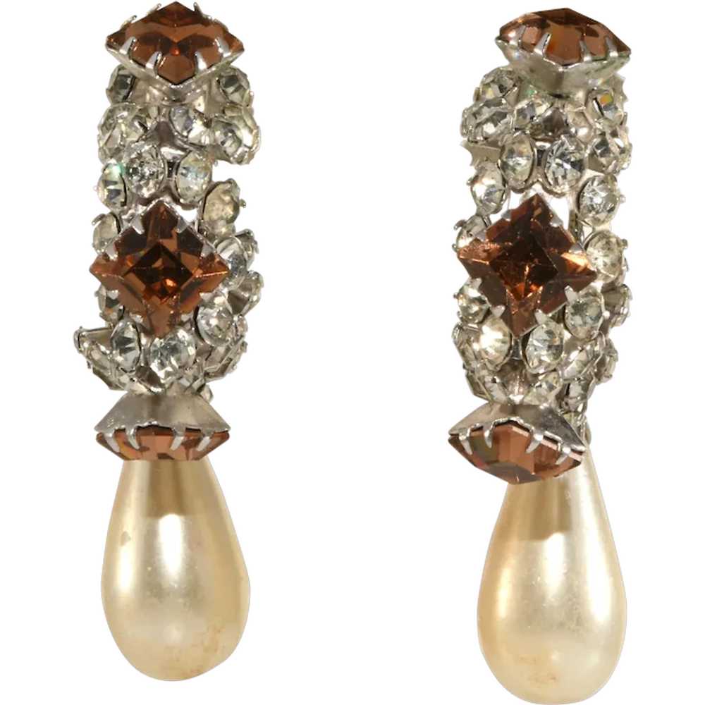 K.J.L. LARGE  1960s Hoop Earrings Faux Pearls Rhi… - image 1