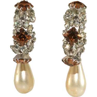 K.J.L. LARGE  1960s Hoop Earrings Faux Pearls Rhi… - image 1