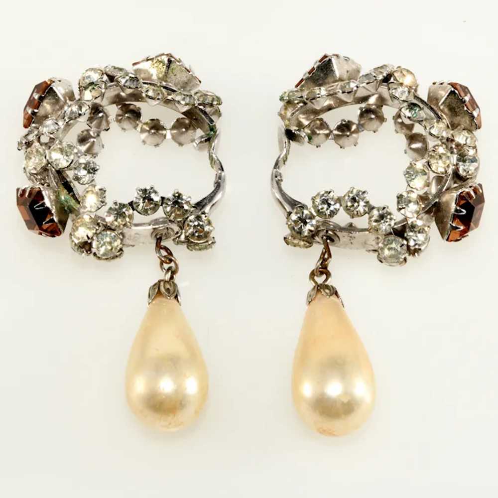 K.J.L. LARGE  1960s Hoop Earrings Faux Pearls Rhi… - image 2