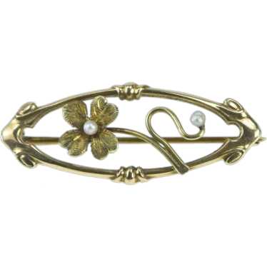 14K Art Nouveau Ornate Floral Pearl Statement Pin… - image 1