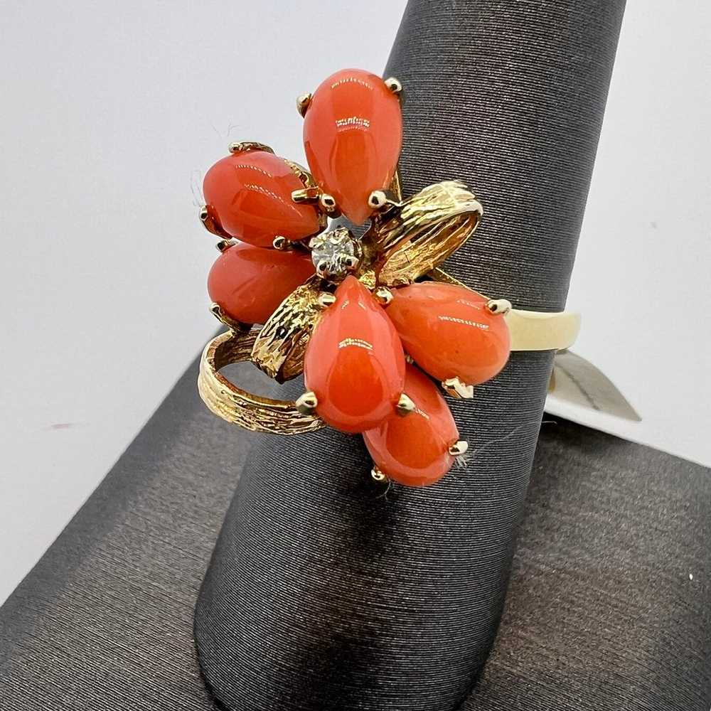 Vintage 14k Yellow Gold Coral & Diamond Ring - image 8