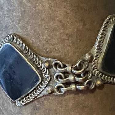 Vintage Onyx Tibetan Brass Silver Bracelet - image 1