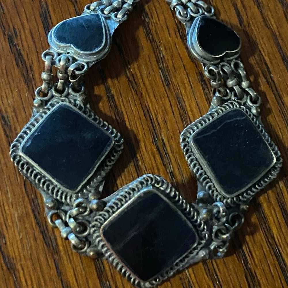 Vintage Onyx Tibetan Brass Silver Bracelet - image 2