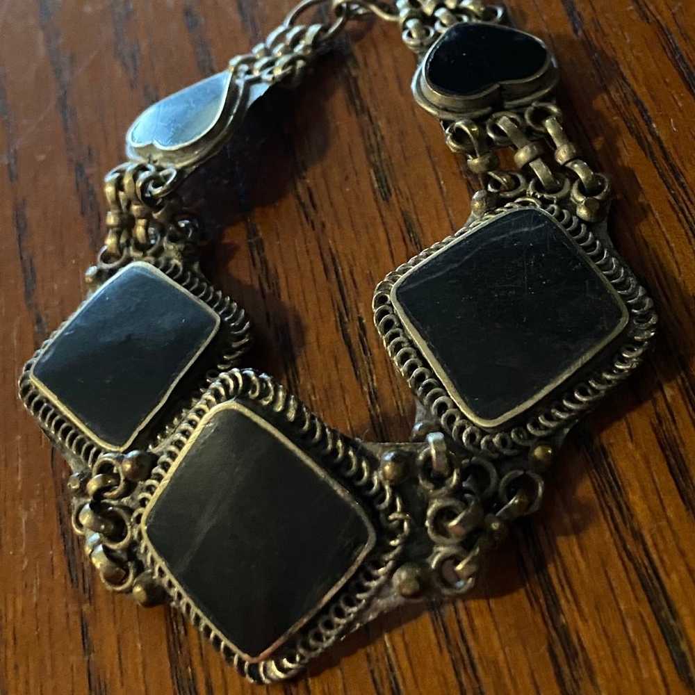 Vintage Onyx Tibetan Brass Silver Bracelet - image 3