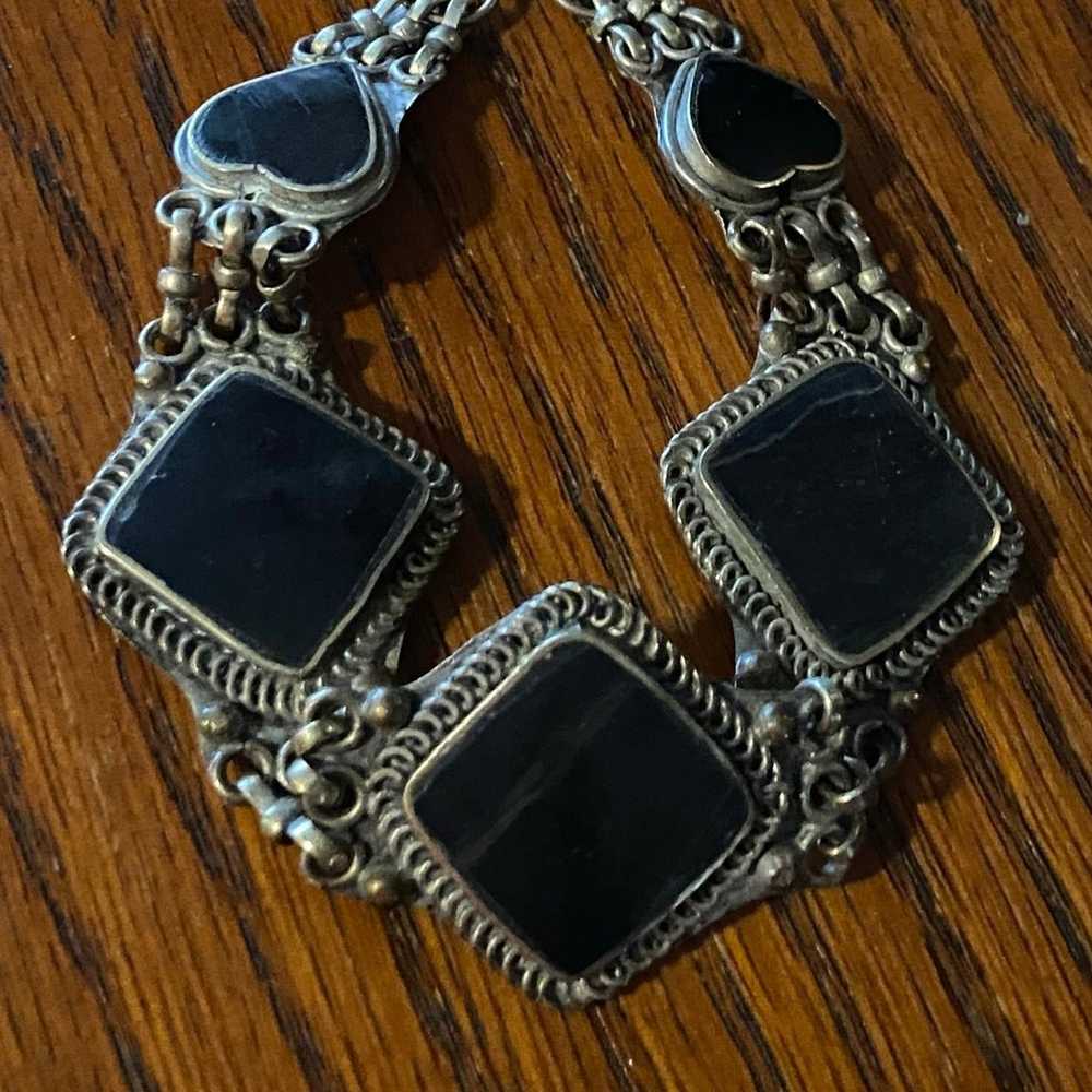 Vintage Onyx Tibetan Brass Silver Bracelet - image 4
