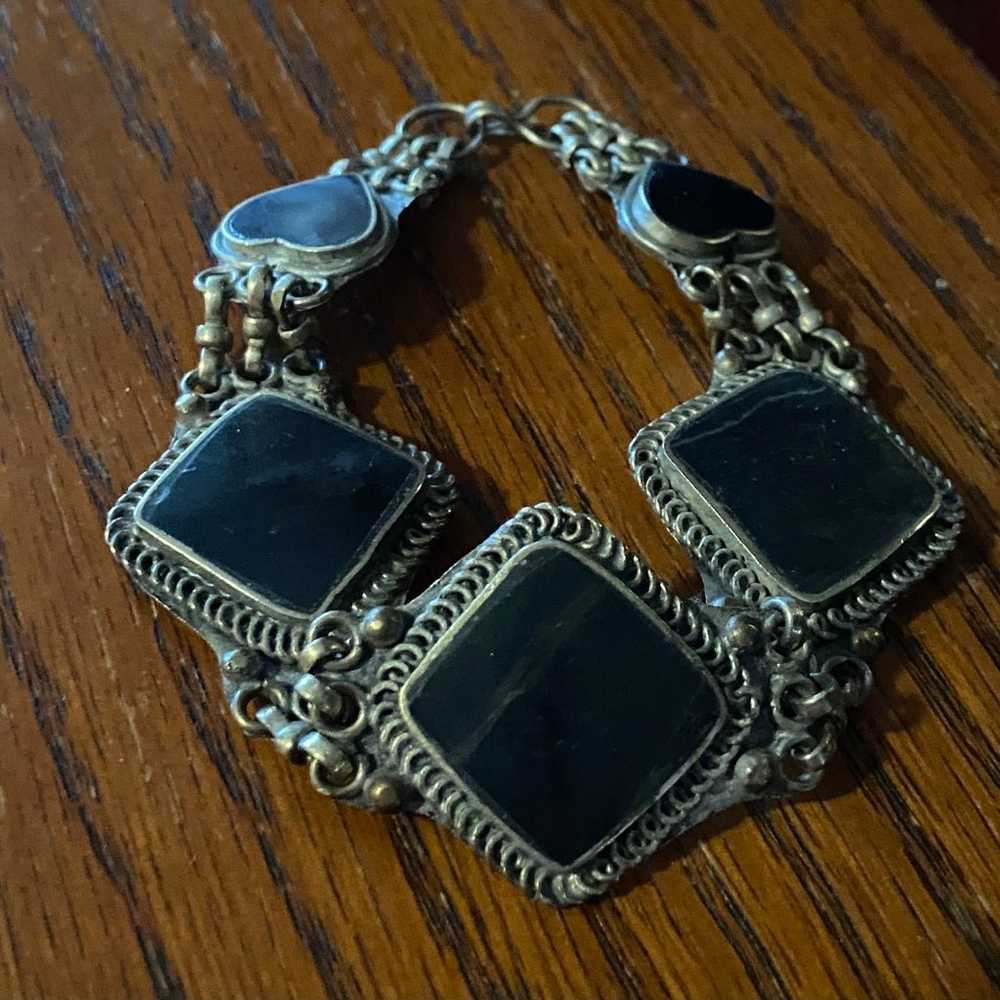Vintage Onyx Tibetan Brass Silver Bracelet - image 8