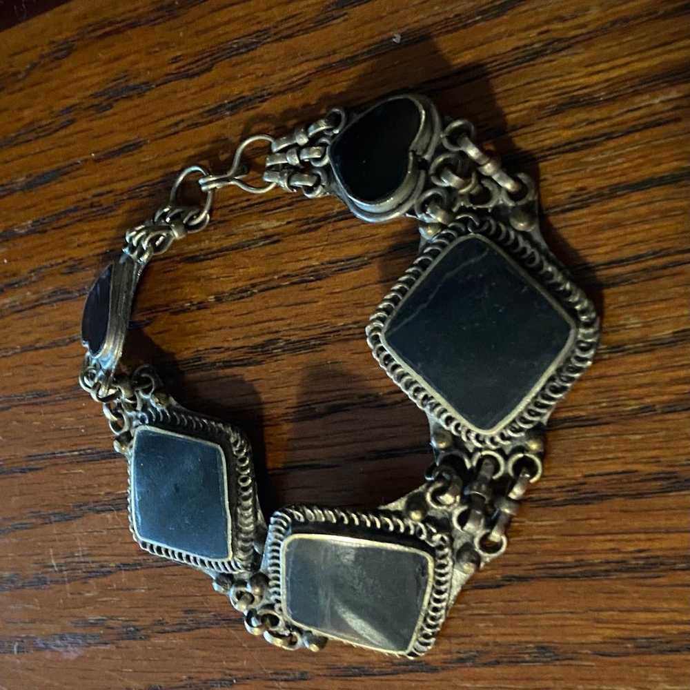 Vintage Onyx Tibetan Brass Silver Bracelet - image 9