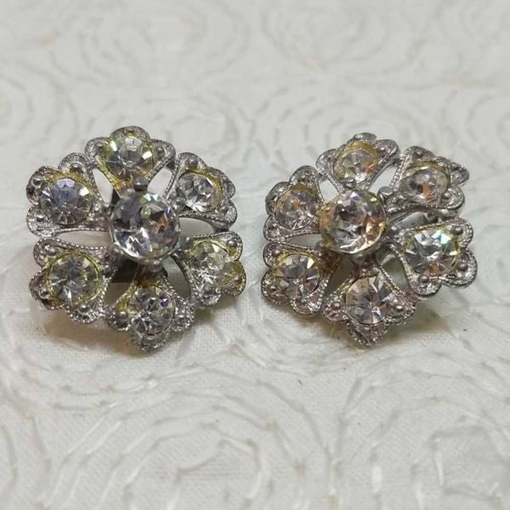 Bogoff Clip Earrings Rhinestone Flowers Petals Vi… - image 1