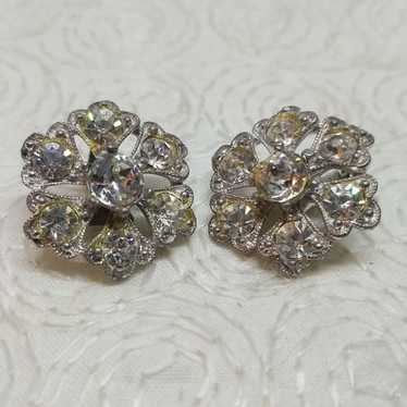 Bogoff Clip Earrings Rhinestone Flowers Petals Vi… - image 1