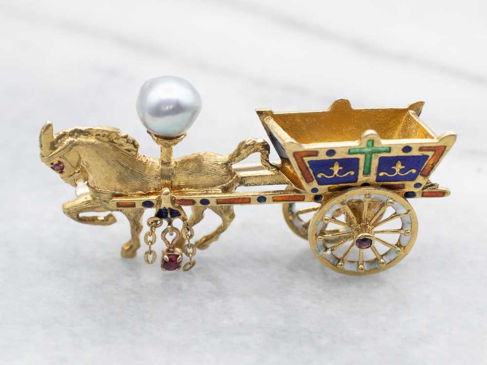 Yellow Gold Enamel and Pearl Horse and Carriage B… - image 1