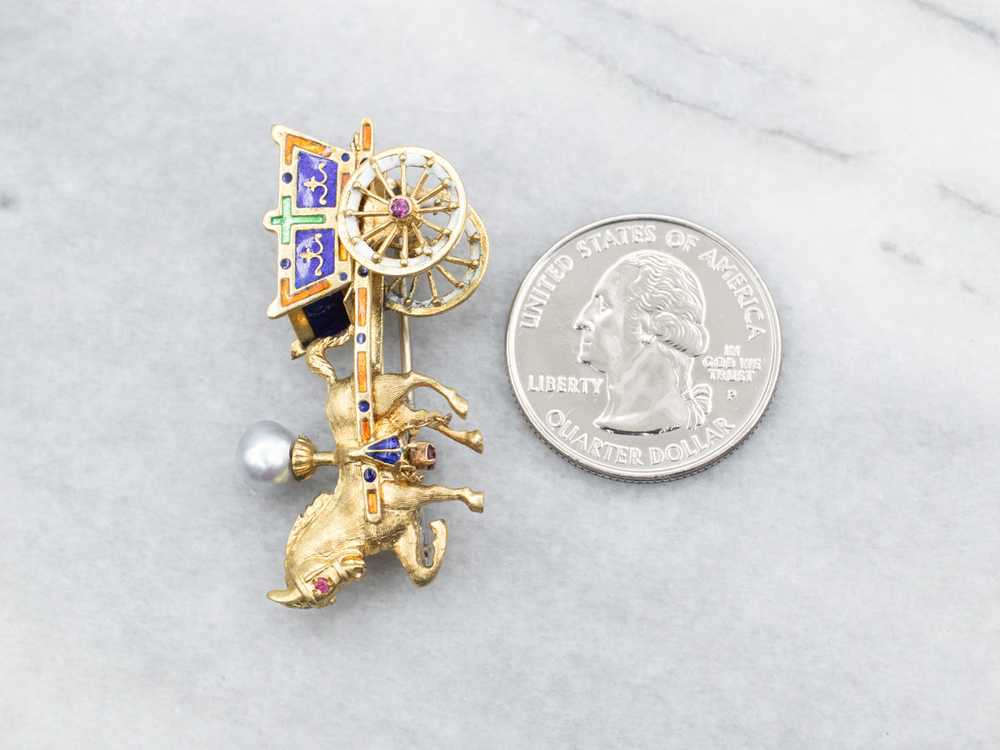Yellow Gold Enamel and Pearl Horse and Carriage B… - image 2