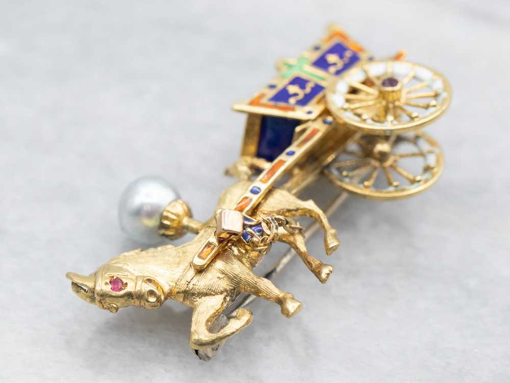 Yellow Gold Enamel and Pearl Horse and Carriage B… - image 4