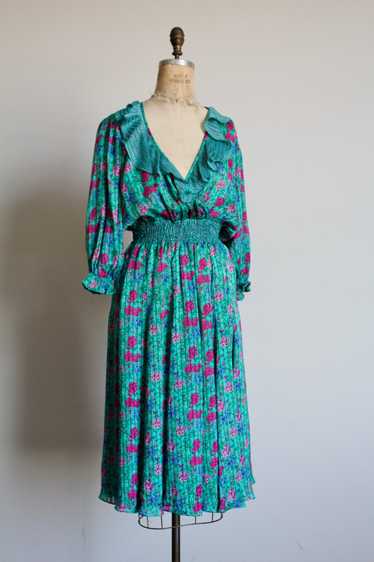 1980s Diane Freis Turquoise Ruffle Dress