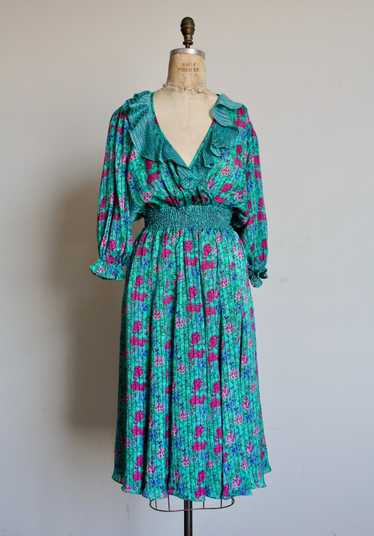 1980s Diane Freis Floral Turquoise Smocked Ruffle 