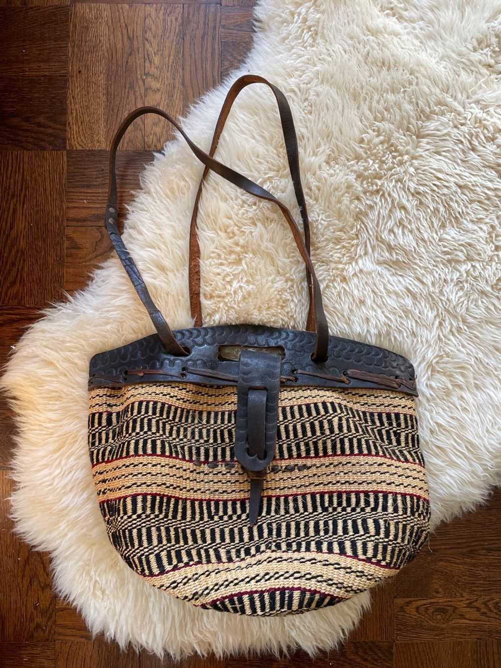 Handmade 70s Tooled leather and sisal shopper bag… - image 1