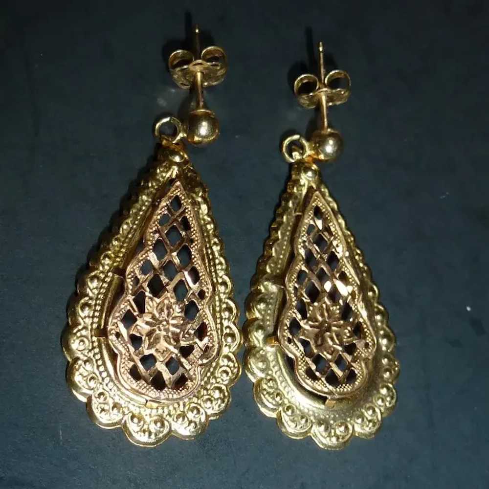 14K Teardrop Filigree Hanging Earrings - image 2