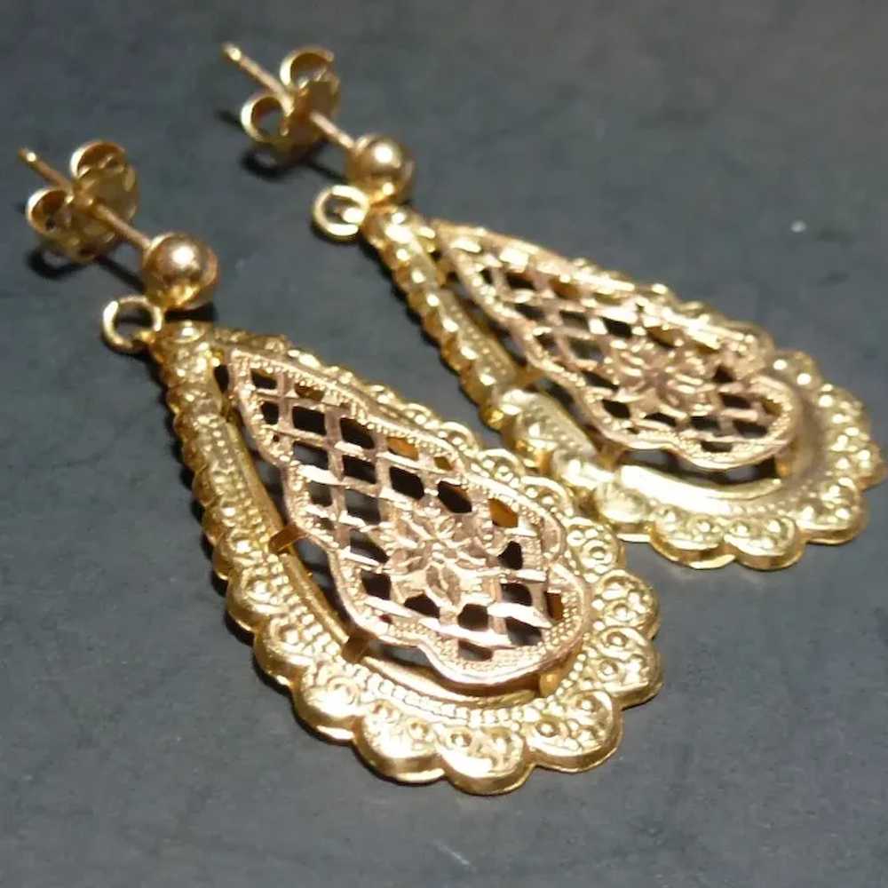 14K Teardrop Filigree Hanging Earrings - image 3