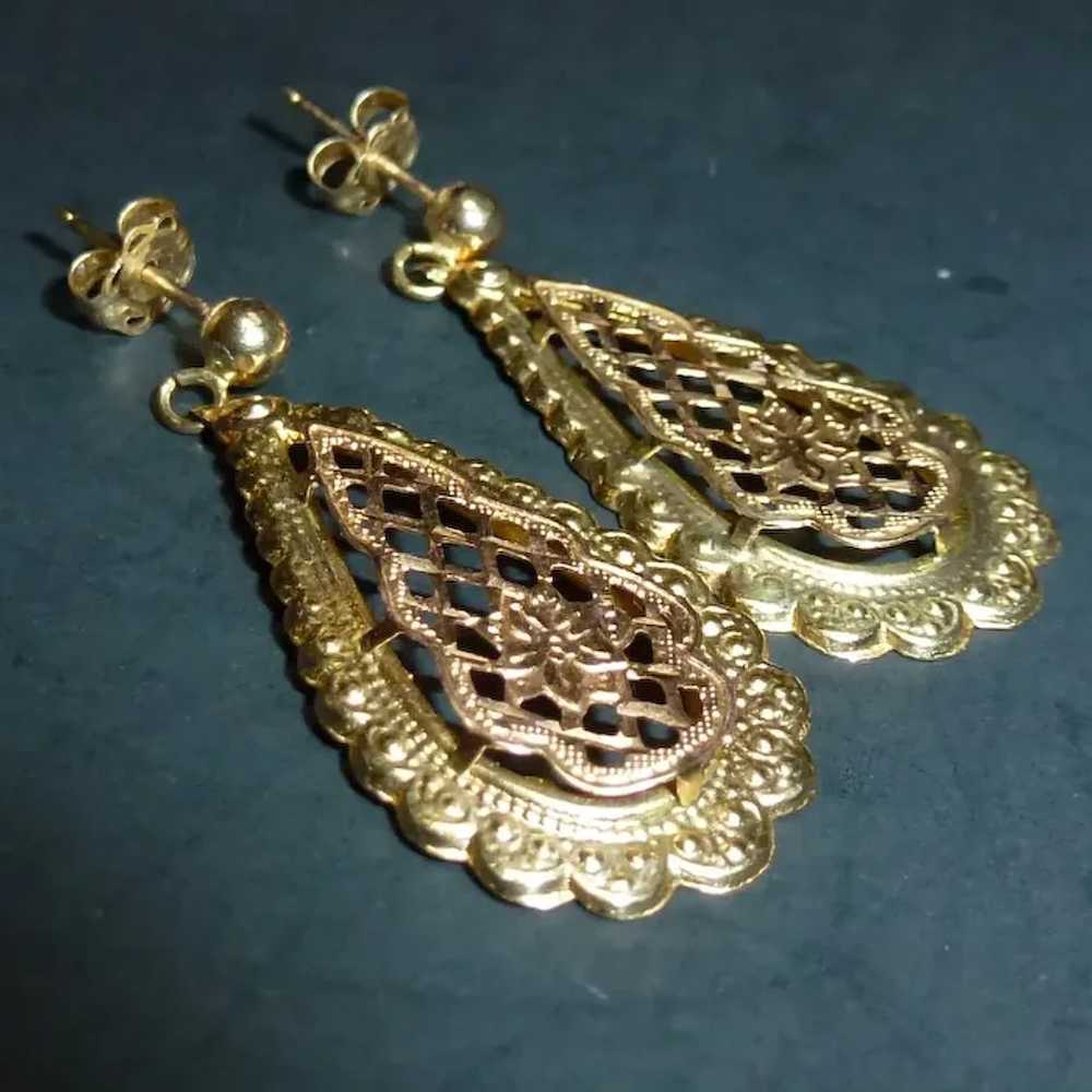 14K Teardrop Filigree Hanging Earrings - image 4