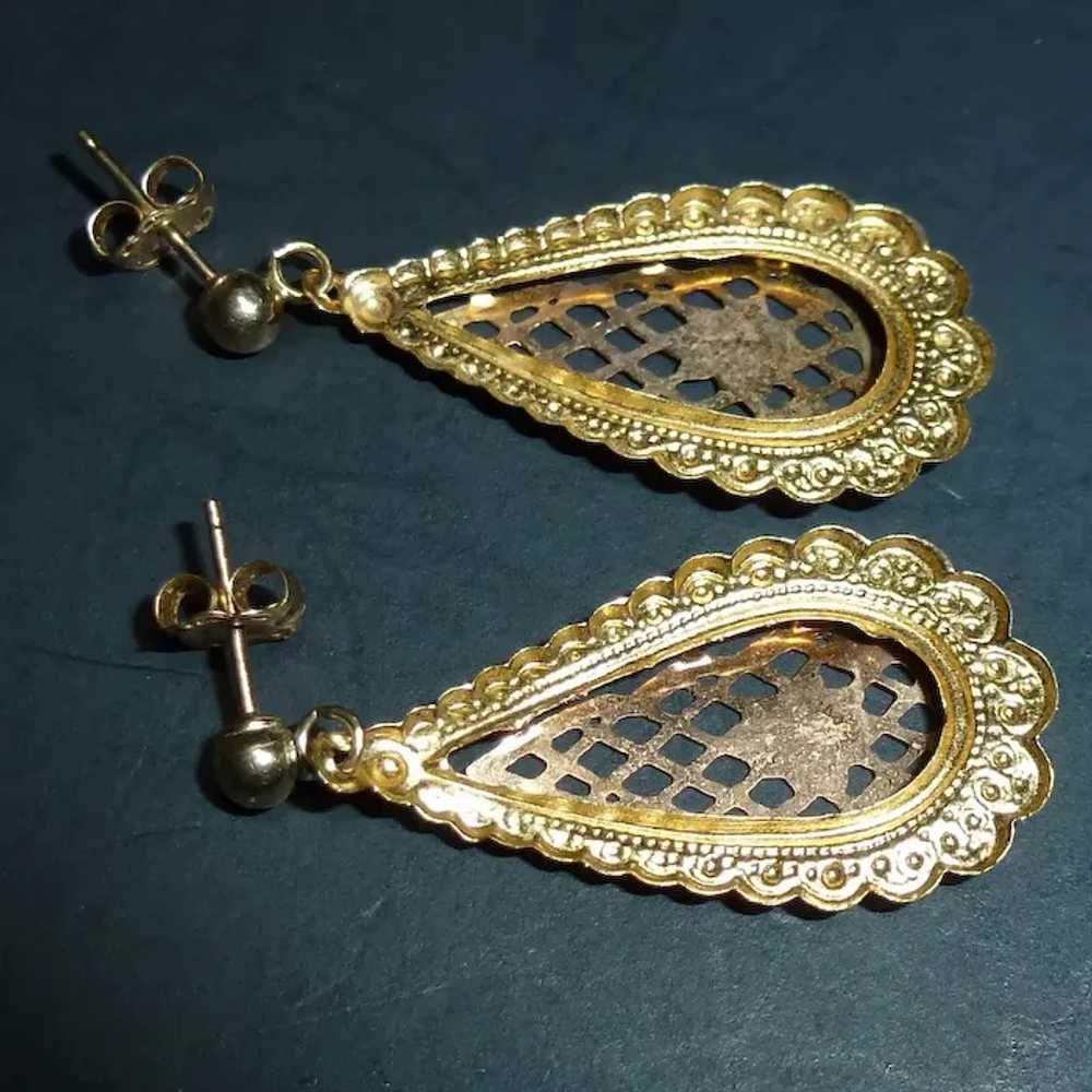 14K Teardrop Filigree Hanging Earrings - image 5