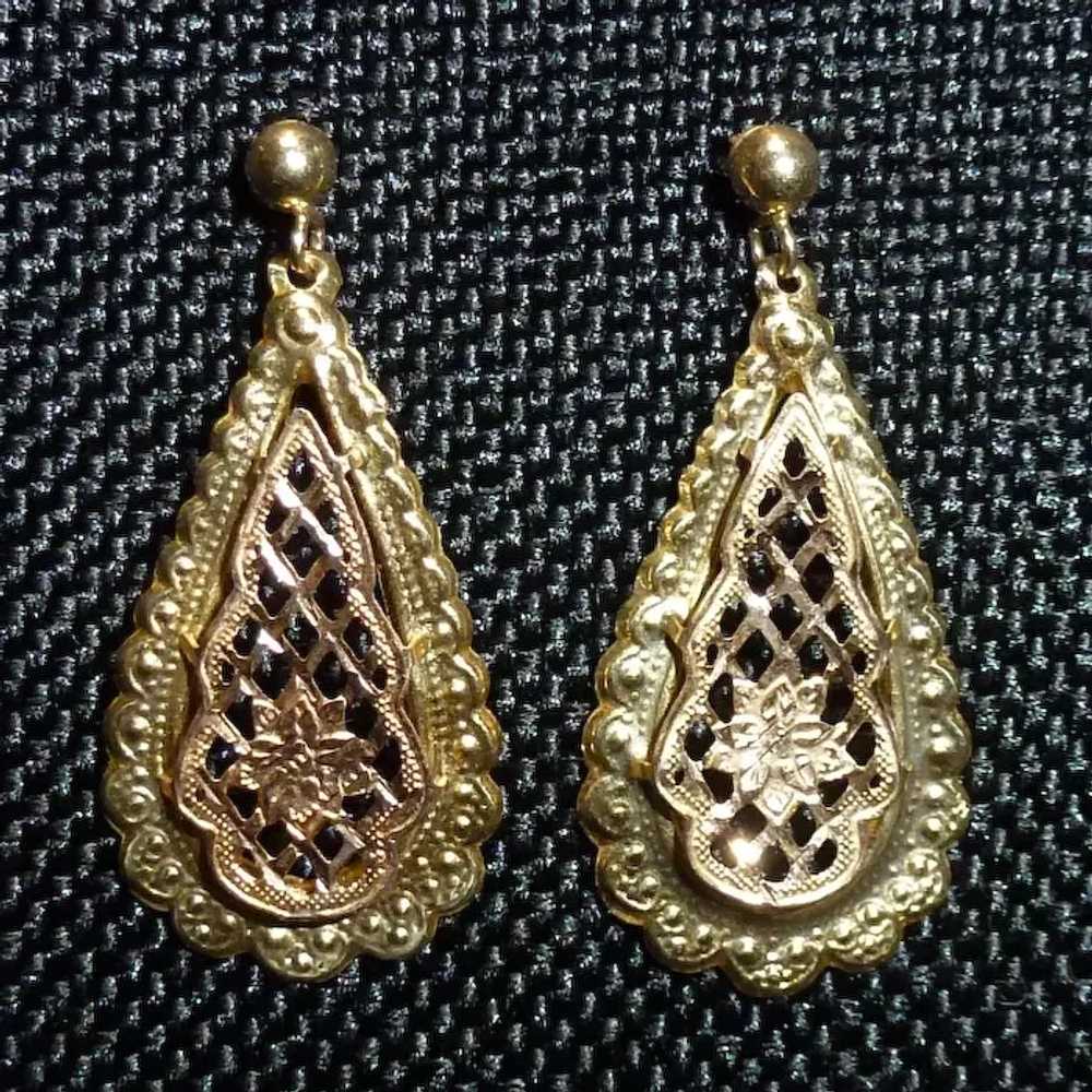 14K Teardrop Filigree Hanging Earrings - image 7