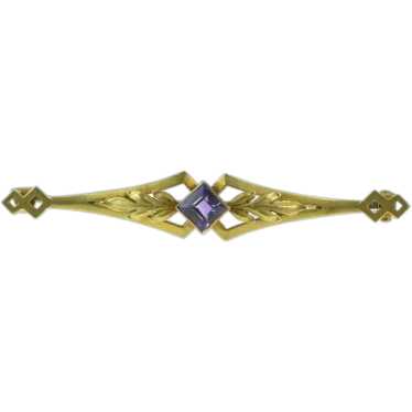 14K Art Nouveau Princess Amethyst Floral Leaf Pin… - image 1