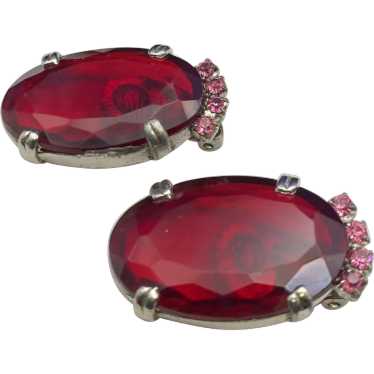 Large Ruby Red Open Back Oval Clip Earrings with … - image 1