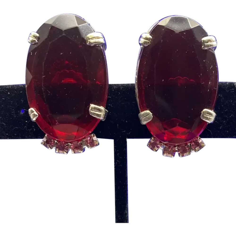 Large Ruby Red Open Back Oval Clip Earrings with … - image 2