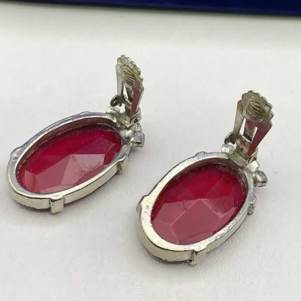 Large Ruby Red Open Back Oval Clip Earrings with … - image 3