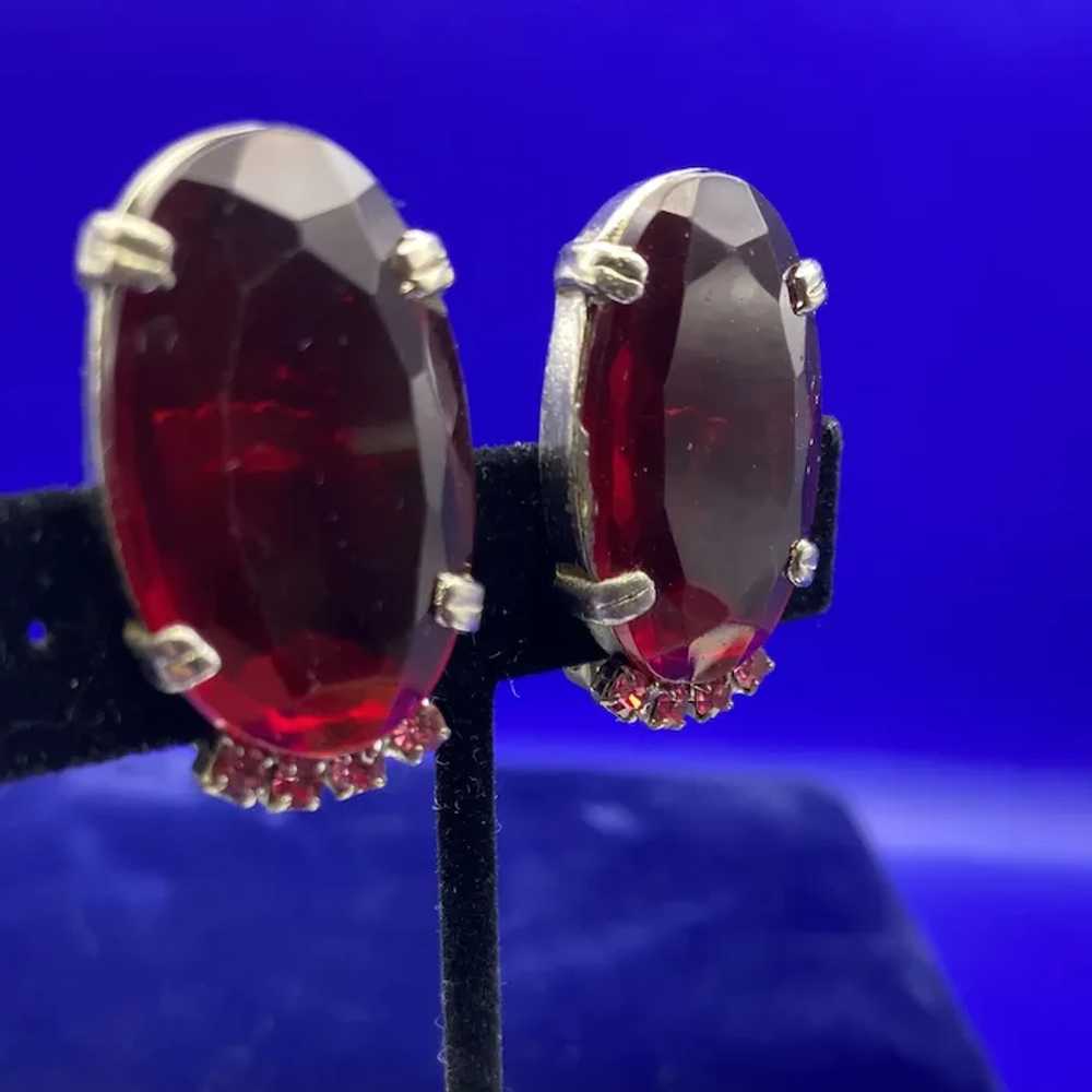 Large Ruby Red Open Back Oval Clip Earrings with … - image 4